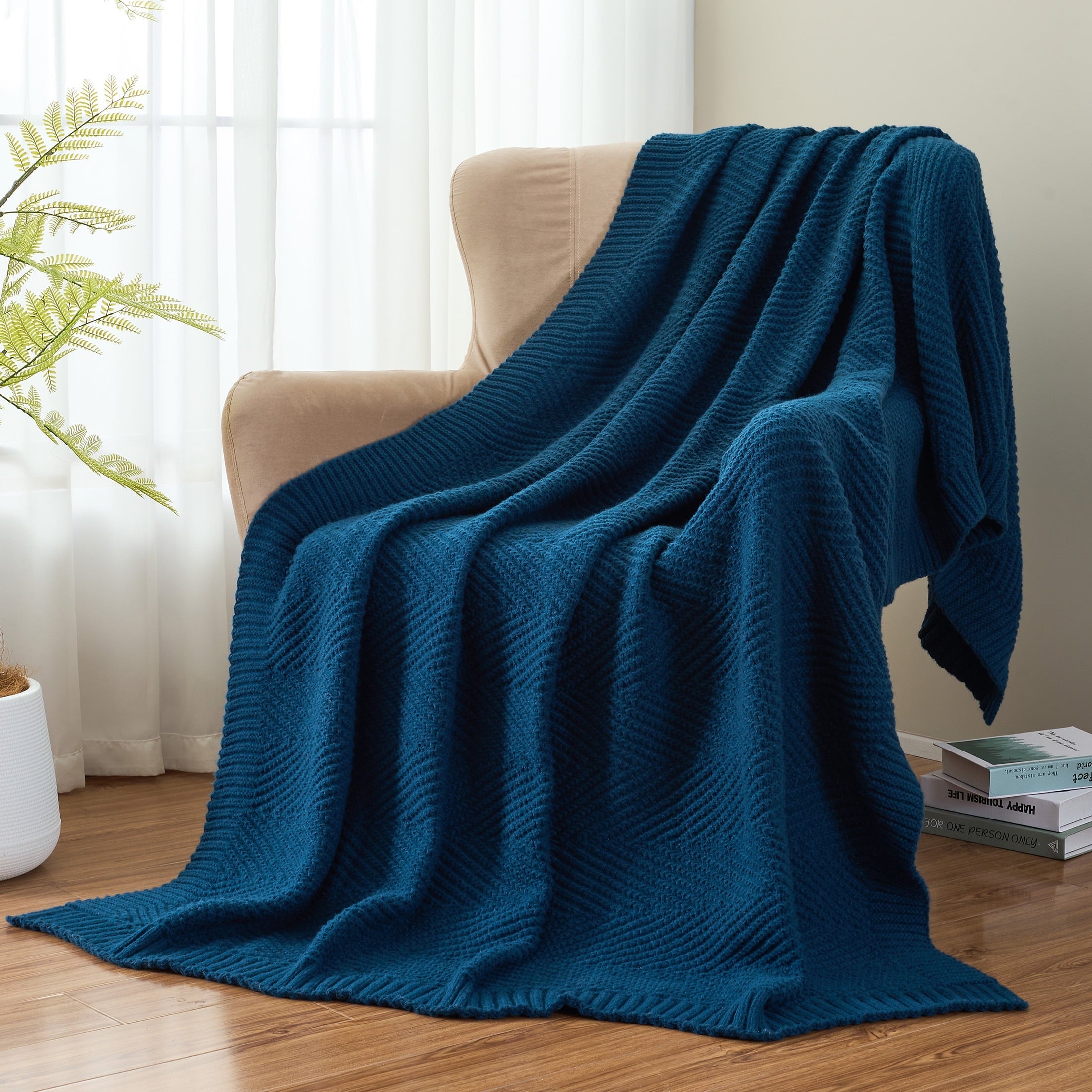 Reversible Sherpa Soft Knitted Throw Blanket 50" x 60" Navy Blue, Boho Chevron Farmhouse Throw for Bed Couch - Luxury Knitted Decorative Throw Blanket with Fringes Detail