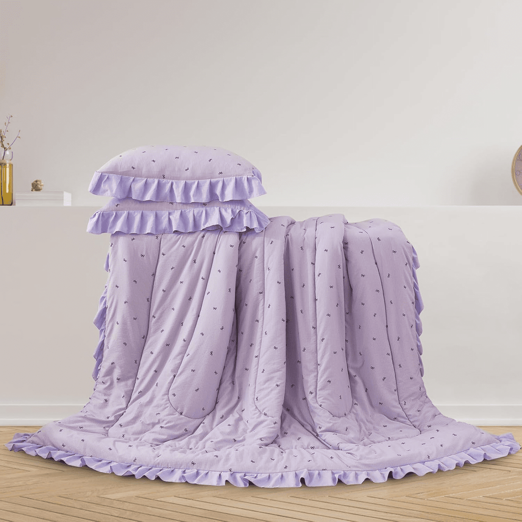 All-Season 6 Piece Delicate Bows Purple Bedding Set Ruffle Princess Style Comforter Set Bed in a Bag - Hypoallergenic Ultra-Fluffy Quilt for Winter Detail
