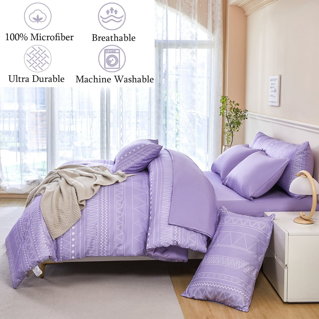 Fluffy Down Alternative 8-Pieces Boho Bedding Set Full Lavender Striped Bed in a Bag for Girls Women Soft Fluffy Purple Comforter Set with Sh... - Cloud-Like Soft Lightweight Bed Comforter Detail