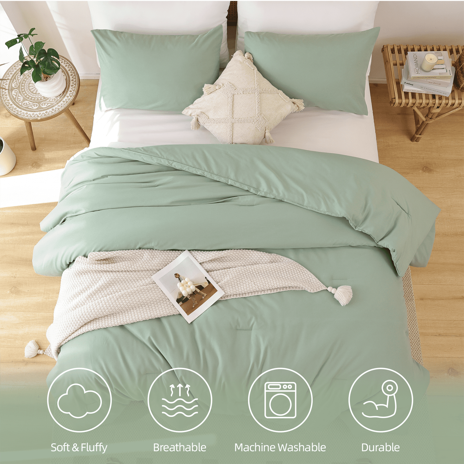 Heavyweight Warmth Queen Comforter Set For Adult, 3 Piece Sage Green Comforter Sets & Bedding For All Season - Cloud-Like Soft Lightweight Bed Comforter Detail