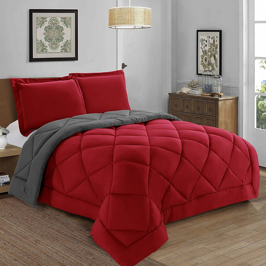 All-Season Reversible 3pc Comforter Set- Available In A Few Sizes And Colors , Full/Queen, Red/Gray - Hypoallergenic Ultra-Fluffy Quilt for Winter Detail