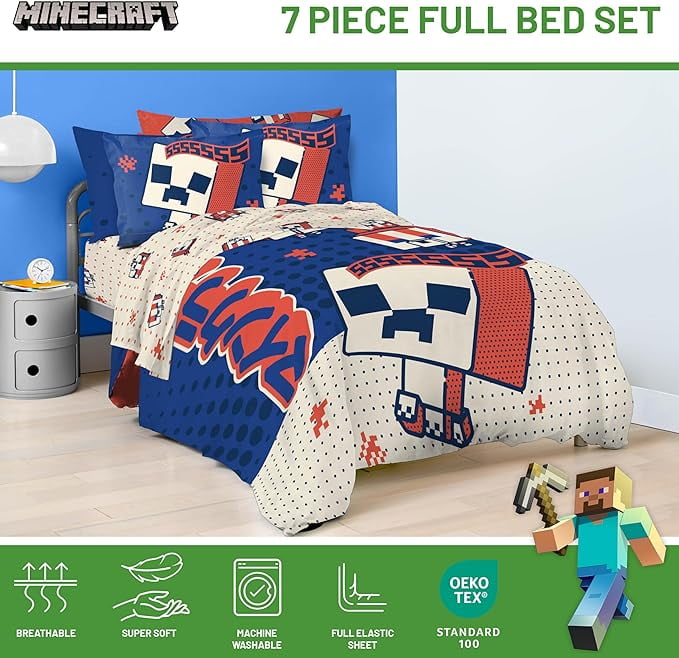 All-Season 7 Piece Full Size Comforter Set with Shams - Kids & Teens Gaming Bedding - All-Season Down Alternative Comforter Insert Detail