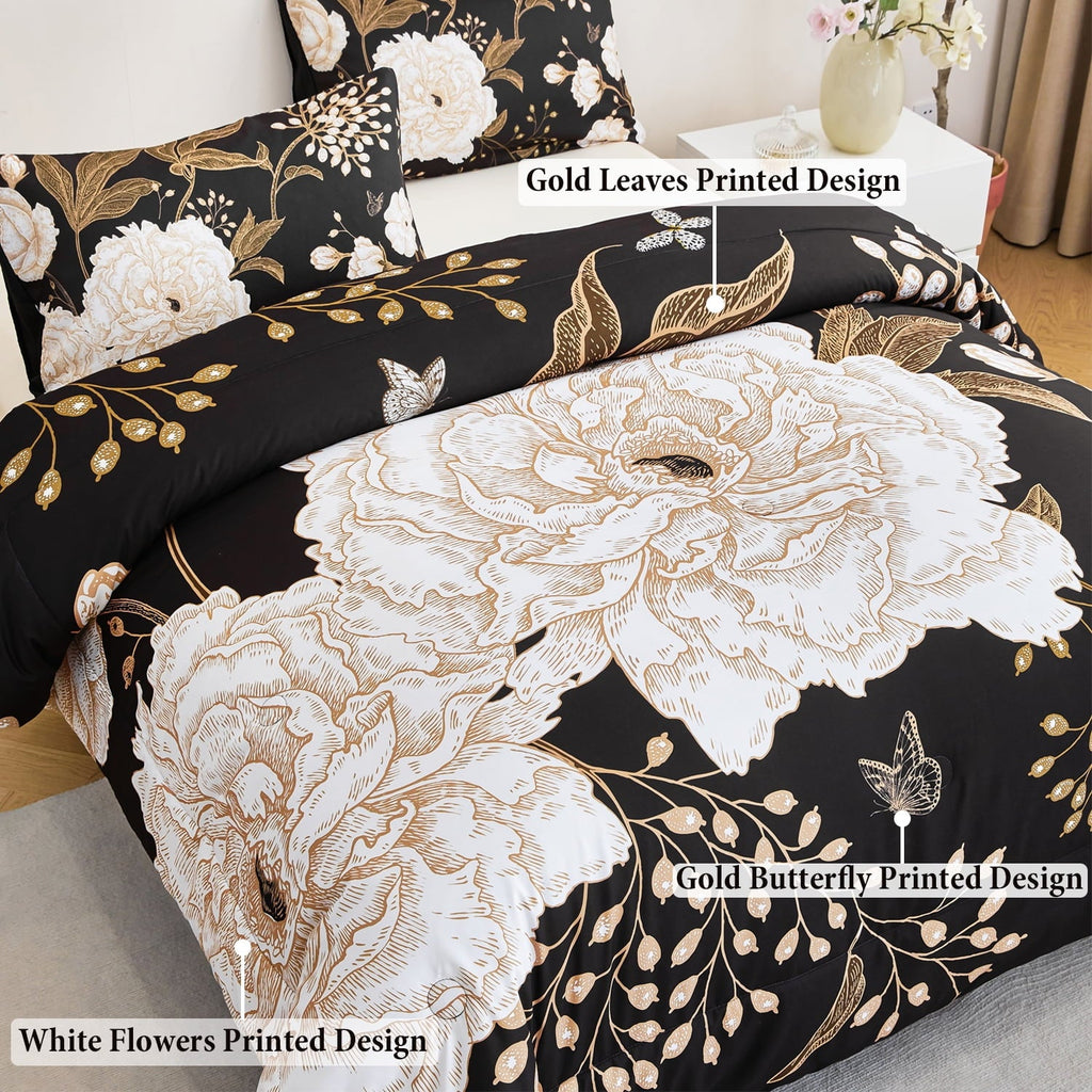 Heavyweight Warmth Black Floral Comforter Set Queen, Printed Comforter White Flowers Butterfly Bedding Set, 3 Pieces Botanical Reversibl... - Hypoallergenic Ultra-Fluffy Quilt for Winter Detail