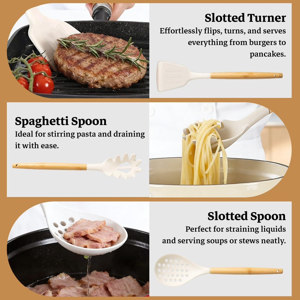 Non-Stick Safe 14-Piece Silicone Cooking Utensils Set, Non-Stick Kitchen Utensil Set for Baking, Flipping, Mixing, White - Heat-Resistant Silicone Cooking Spatula Turner Detail