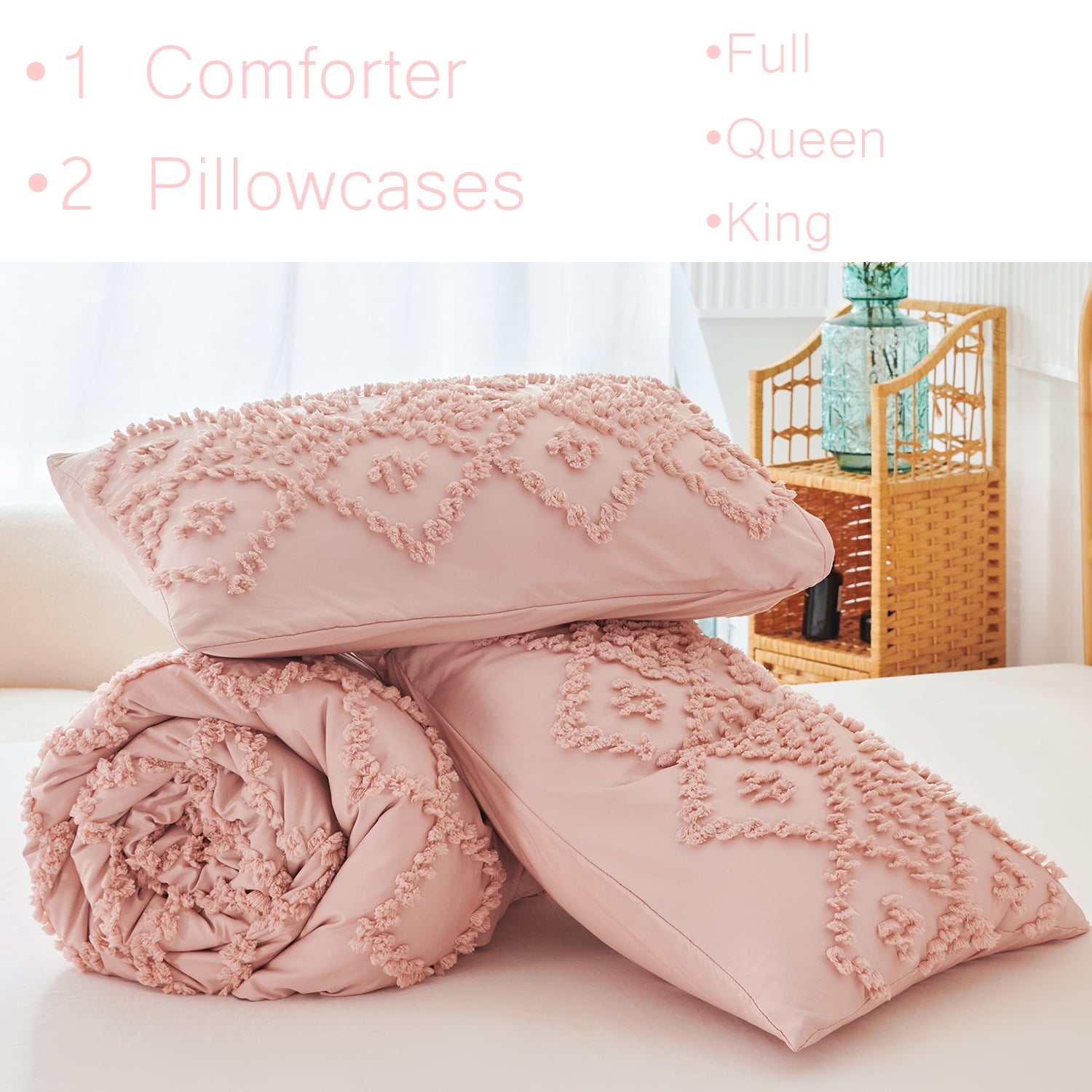 Hypoallergenic Cloud Pink Diamond Jacquard Comforter Set Queen 3 Pcs Bohemian Tufts Quilt Set for Kids Girls Adult 100% Soft Microfiber Be... - Cloud-Like Soft Lightweight Bed Comforter Detail