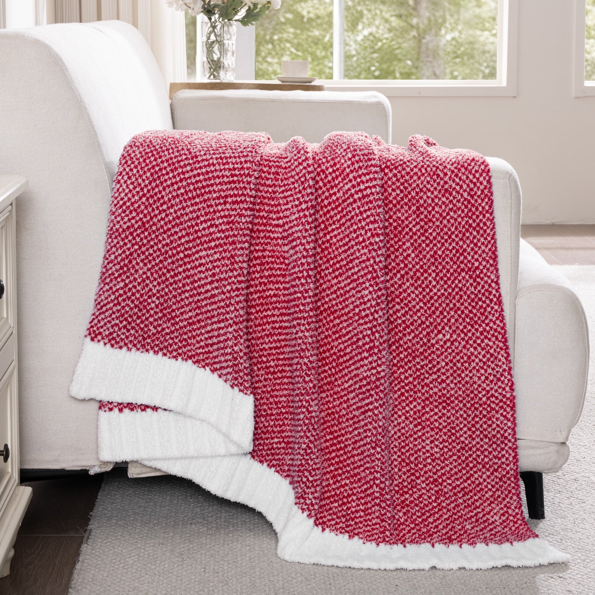 Reversible Sherpa Knit Throw Blanket, Ultra Soft Cozy Fluffy Blankets, Lightweight Fuzzy Plush Throw for Couch and Bed, Mixed Red, 50"x60" - Cozy Fleece Throw Blanket for Couch & Bed Detail