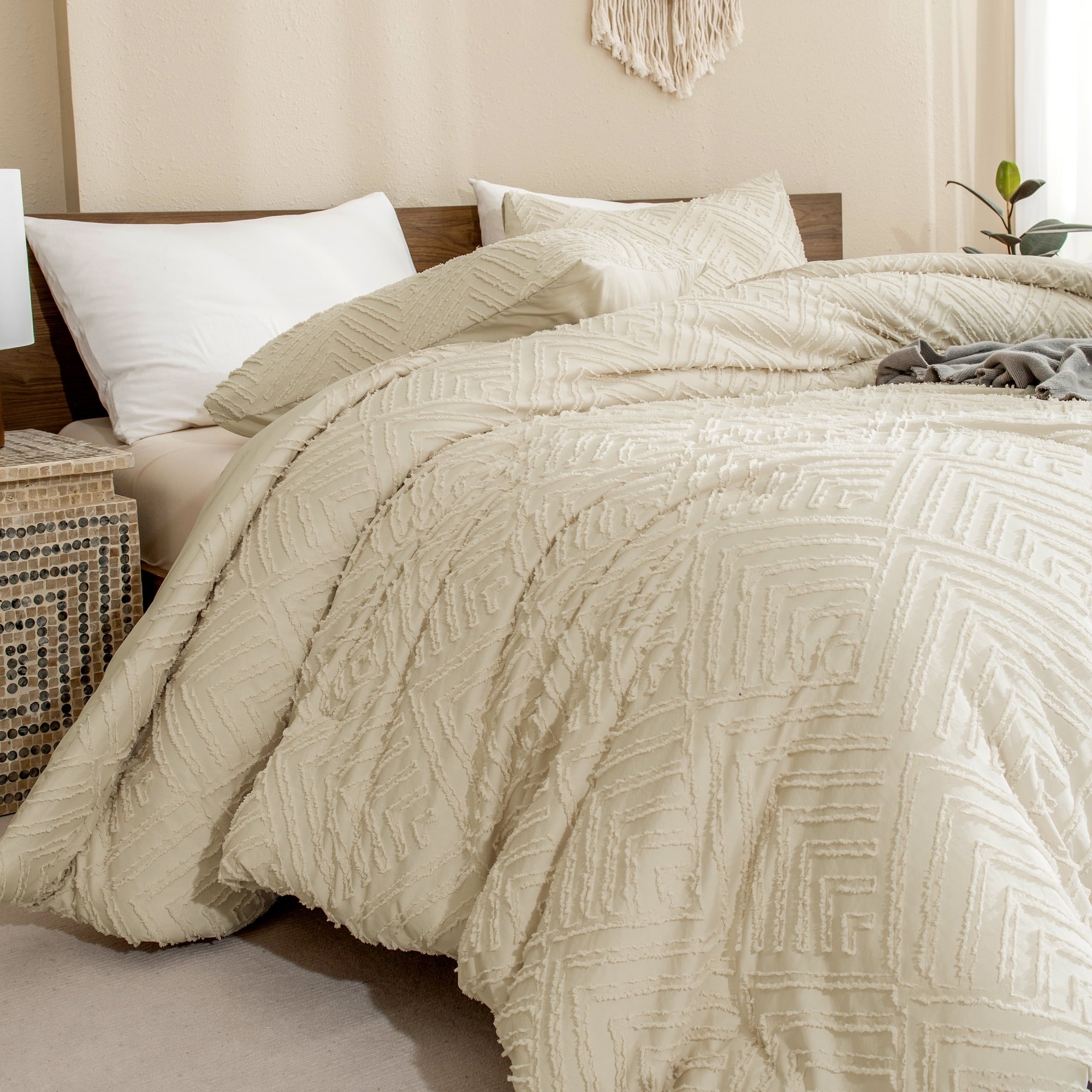 Luxurious Quilted King Size Comforter Sets Beige - 3 Pieces Cream Boho Bedding Comforter Set for King Bed - Soft Fluffy Tufted Textured... - Hypoallergenic Ultra-Fluffy Quilt for Winter Detail