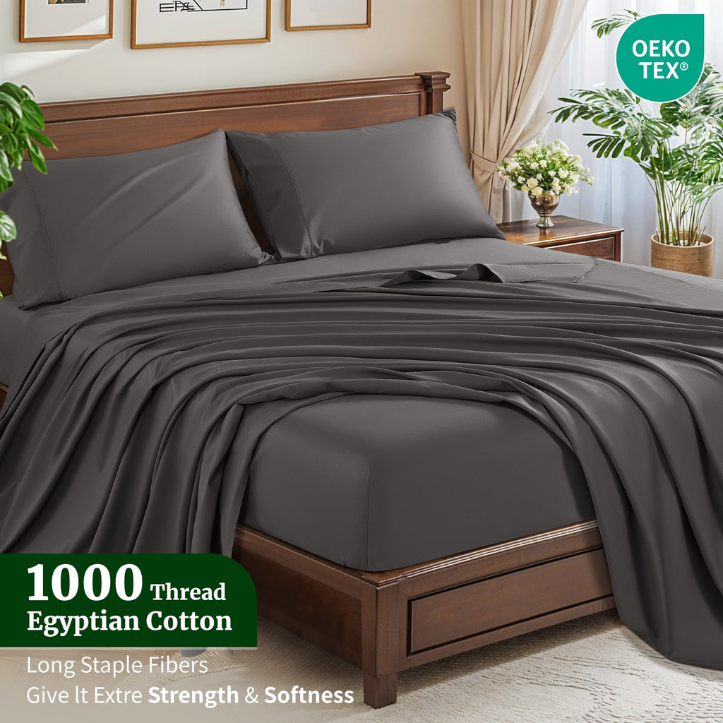 Wrinkle-Resistant 100% Cotton Bed Sheets Set, 1000 Thread Count 4 Piece Luxury Soft Sheets Set with 16" Deep Pocket, Queen, Dark Gray - Luxury Bed Sheet Set with Deep Pockets Detail