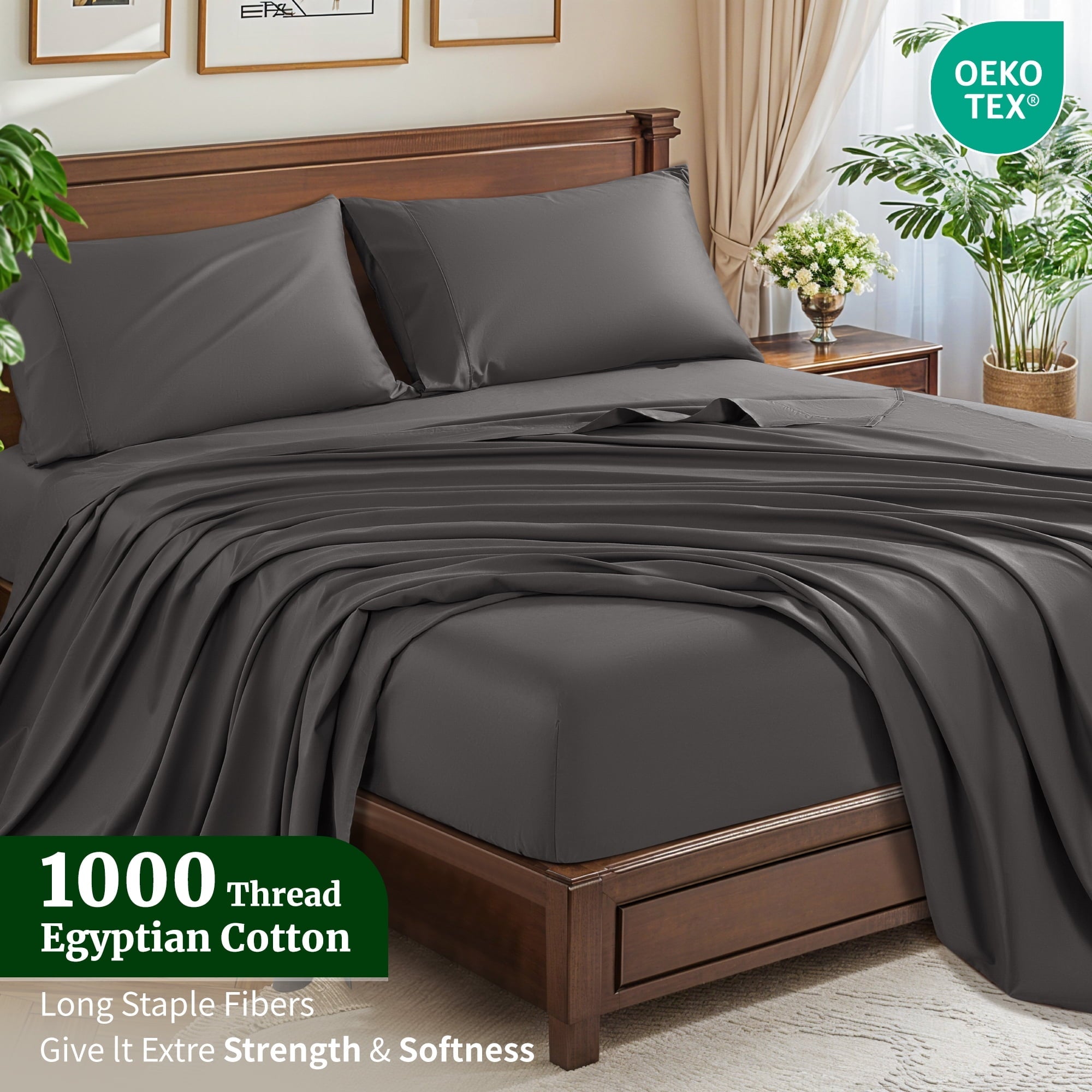 Wrinkle-Resistant 100% Cotton Bed Sheets Set, 1000 Thread Count 4 Piece Luxury Soft Sheets Set with 16" Deep Pocket, Queen, Dark Gray - Luxury Bed Sheet Set with Deep Pockets Detail