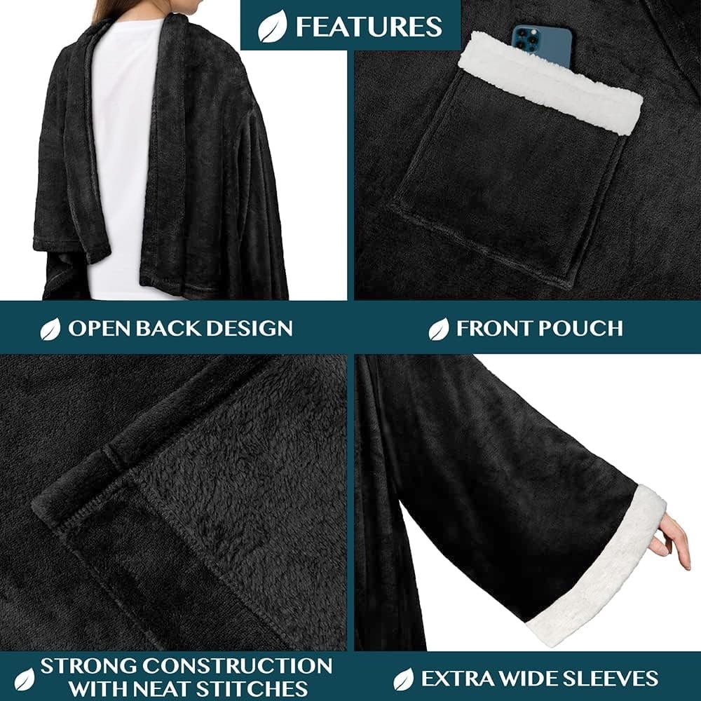 Reversible Sherpa Fleece Blanket with Sleeves for Women Men Adults, Wearable Blanket Warm Soft Plush, Snuggle Pocket Sleeved TV Throw W... - Cozy Fleece Throw Blanket for Couch & Bed Detail