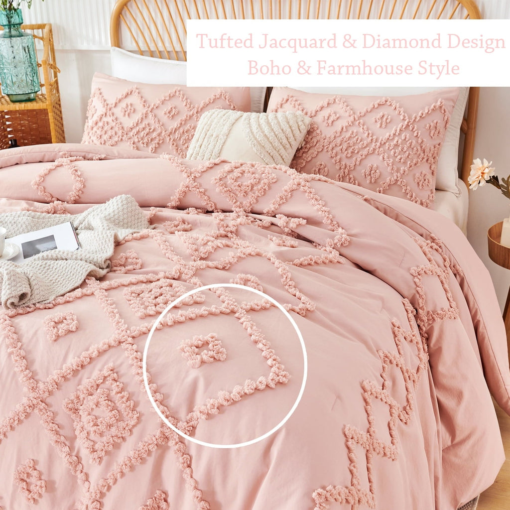 Hypoallergenic Cloud Pink Diamond Jacquard Comforter Set Queen 3 Pcs Bohemian Tufts Quilt Set for Kids Girls Adult 100% Soft Microfiber Be... - Cloud-Like Soft Lightweight Bed Comforter Detail