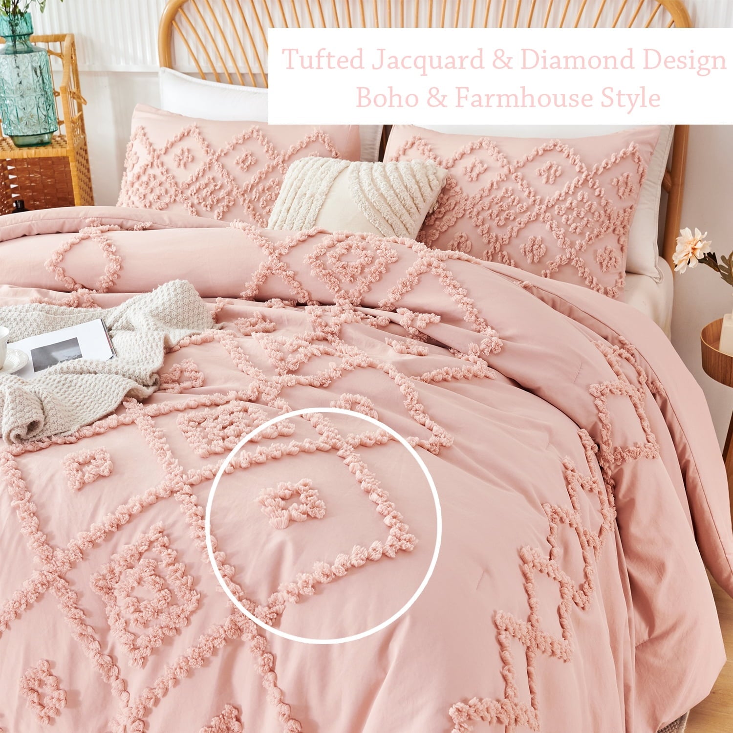 Hypoallergenic Cloud Pink Diamond Jacquard Comforter Set Queen 3 Pcs Bohemian Tufts Quilt Set for Kids Girls Adult 100% Soft Microfiber Be... - Cloud-Like Soft Lightweight Bed Comforter Detail