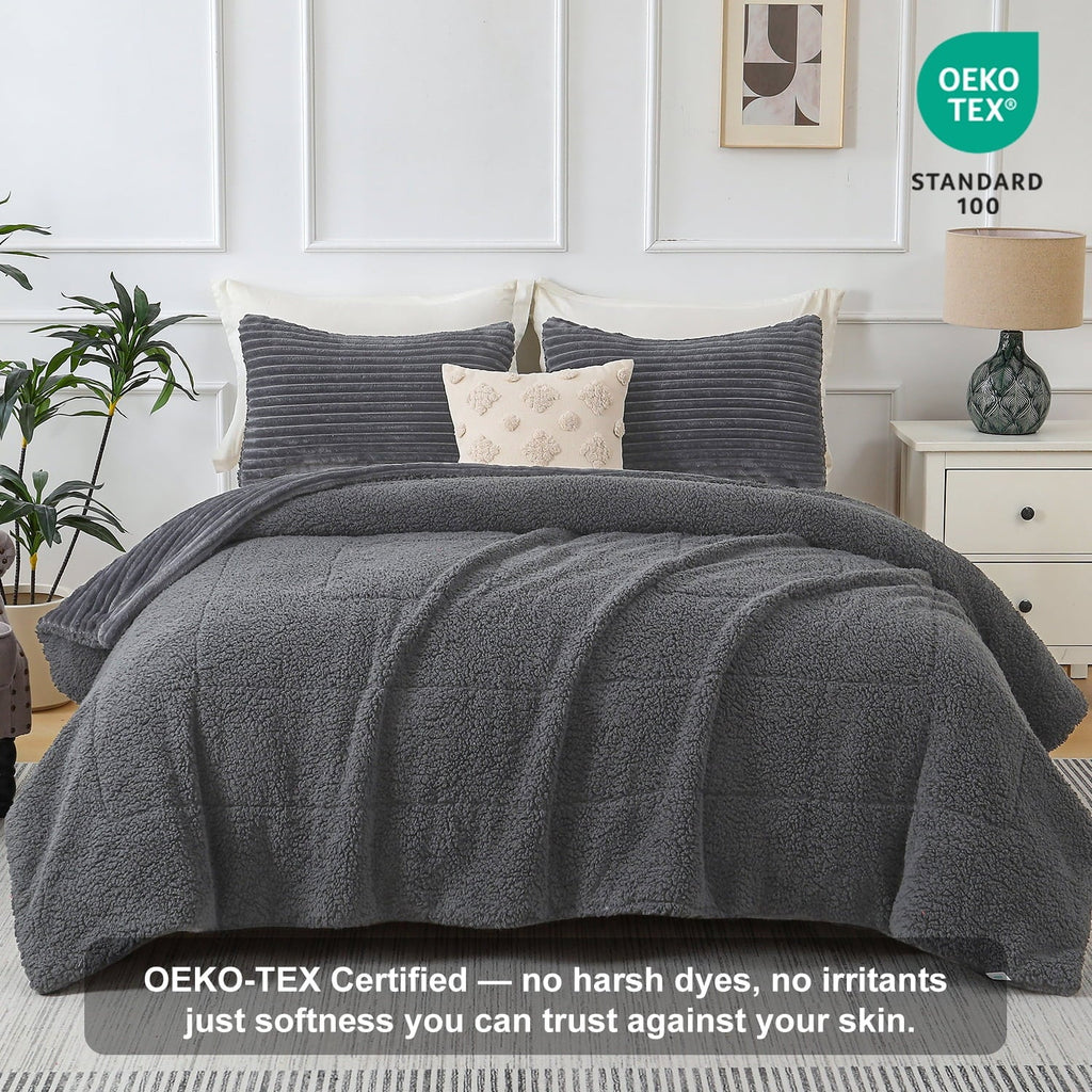 All-Season 3 Piece Fleece Queen Comforter Set - Soft & Warm Fluffy Dark Gray Sherpa Bedding , Fuzzy Heavy Double Sided Design Wi... - Luxurious Quilted Duvet Cover Set Detail