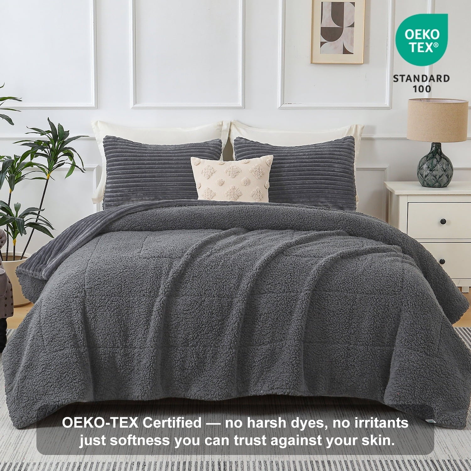 All-Season 3 Piece Fleece Queen Comforter Set - Soft & Warm Fluffy Dark Gray Sherpa Bedding , Fuzzy Heavy Double Sided Design Wi... - Luxurious Quilted Duvet Cover Set Detail