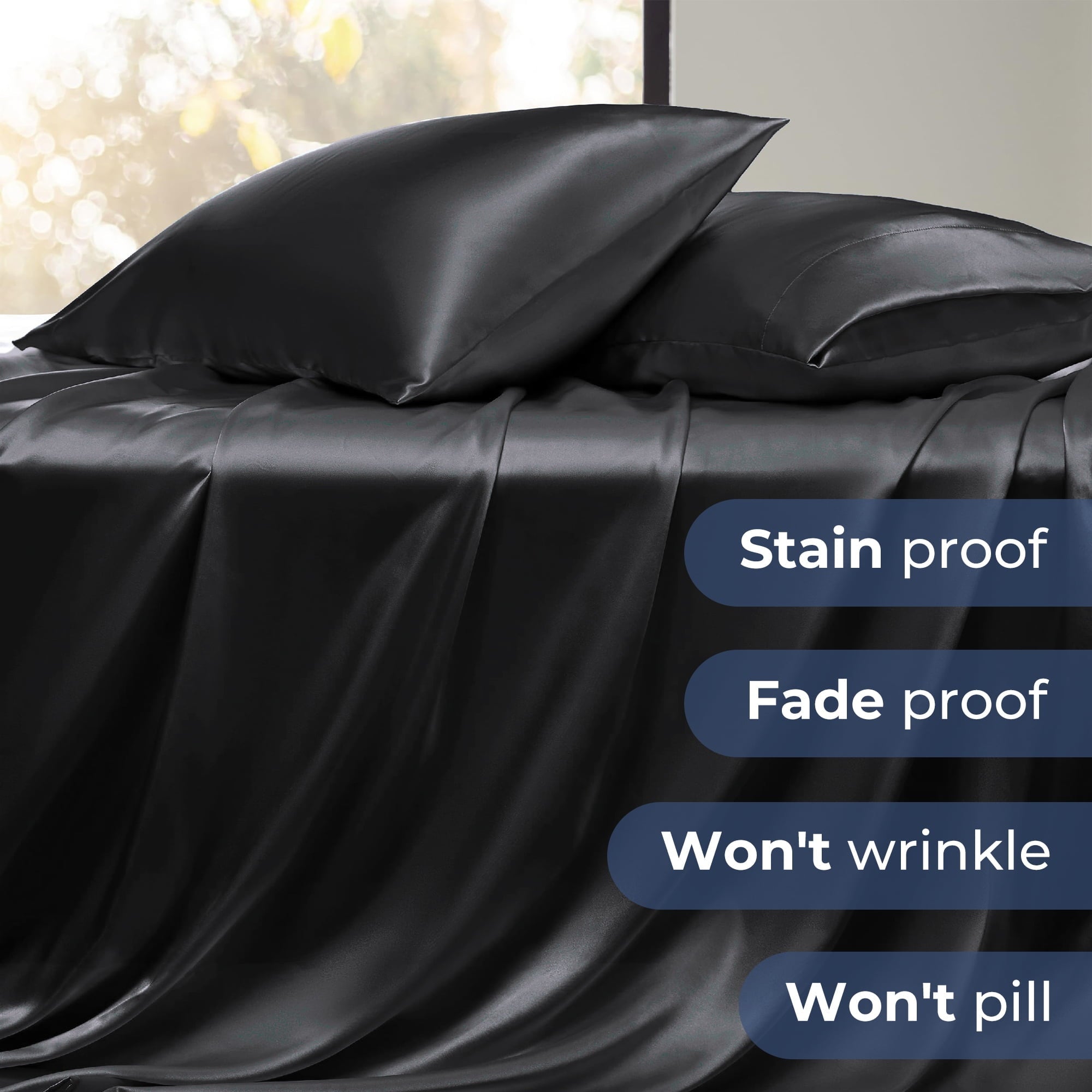 Wrinkle-Resistant Set, Queen, Silky Bed s, 4 Pieces,Black - Breathable Egyptian Cotton Flat & Fitted Sheets Detail