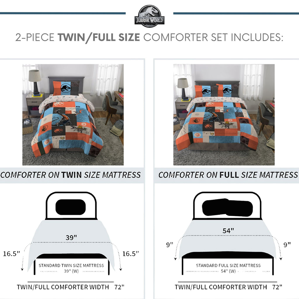 All-Season Kids 2 Piece Blue Orange Reversible Dinosaur Comforter and Pillowcase set, Twin/full - Cloud-Like Soft Lightweight Bed Comforter Detail