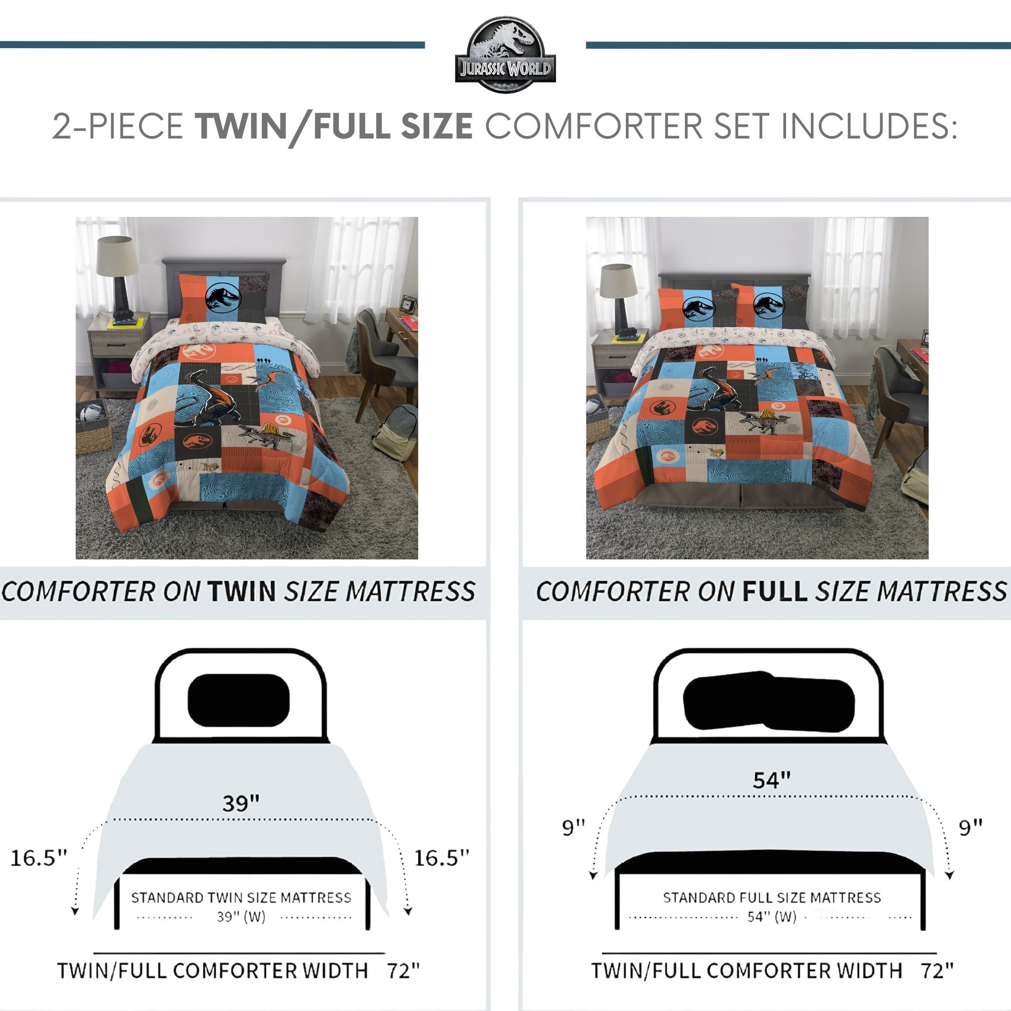 All-Season Kids 2 Piece Blue Orange Reversible Dinosaur Comforter and Pillowcase set, Twin/full - Cloud-Like Soft Lightweight Bed Comforter Detail