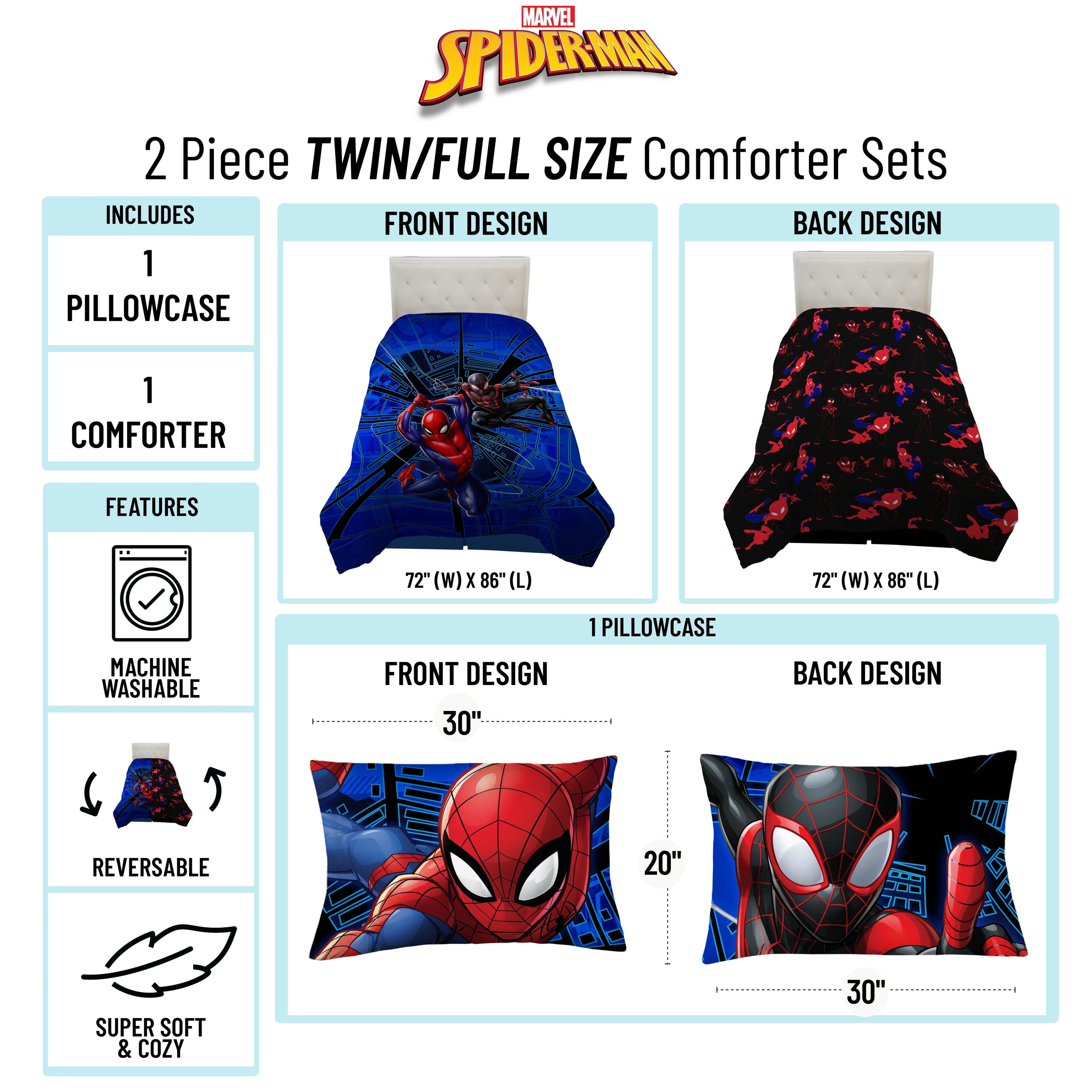 All-Season Spiderman Techno City Kids 2 Piece Blue Reversible Comforter and Pillowcase Set, Twin/Full - Hypoallergenic Ultra-Fluffy Quilt for Winter Detail