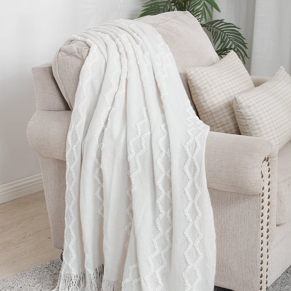 Decorative Knitted Fluffy Chenille Knitted Fringe Throw Blanket, Lightweight Soft Cozy Bed Sofa Chair Blanket, White, 50" x 60" - Super Soft Reversible Sherpa Flannel Blanket Detail