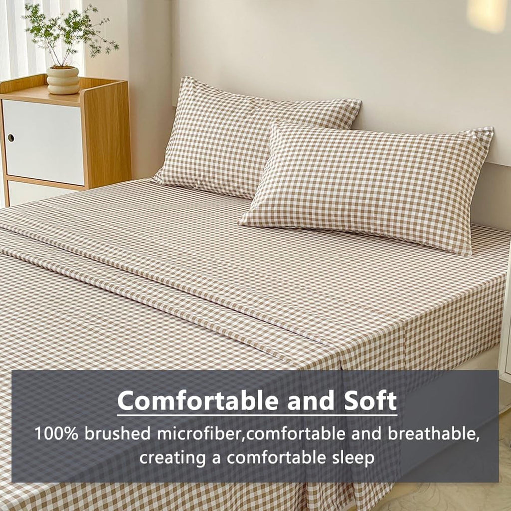 Premium Egyptian Cotton Sheet Set, Soft Brushed Microfiber Taupe Plaid Sheets, 4-Piece Brown Grid Set with Deep Pocket - Luxury Bed Sheet Set with Deep Pockets Detail