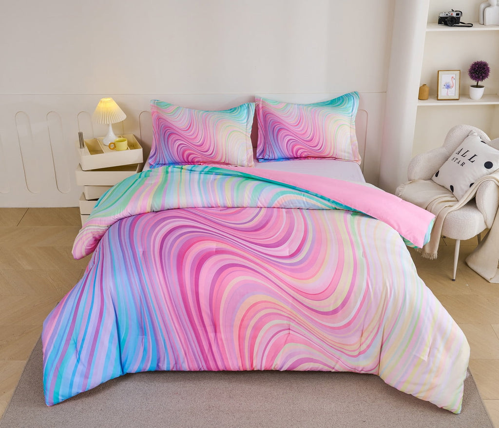 Fluffy Down Alternative 3-Piece Abstract Tie Dye Comforter Set, Blue Pink Purple, Kids Bedding Set for Girls Full/Queen Size - All-Season Down Alternative Comforter Insert Detail