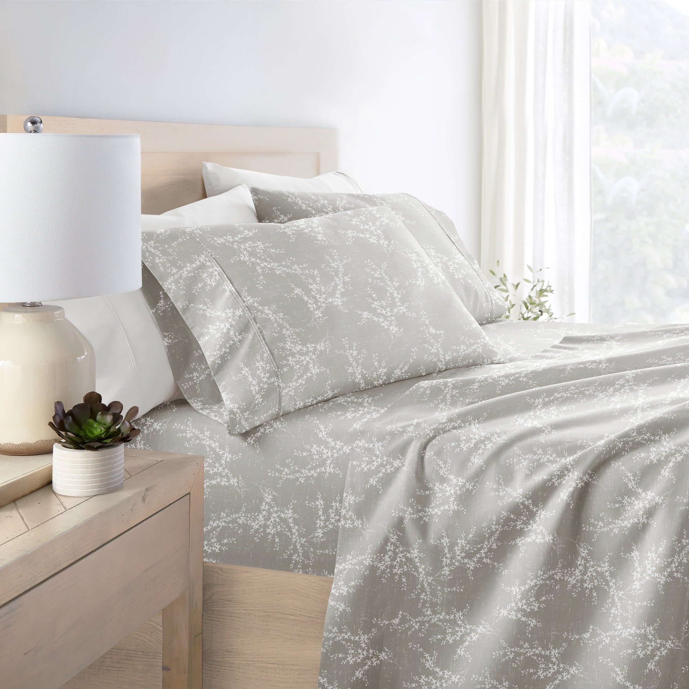 Wrinkle-Resistant 3 Piece Pattern Microfiber Bed Sheets Set, Distressed Willow Light Gray, Twin - Breathable Egyptian Cotton Flat & Fitted Sheets Detail