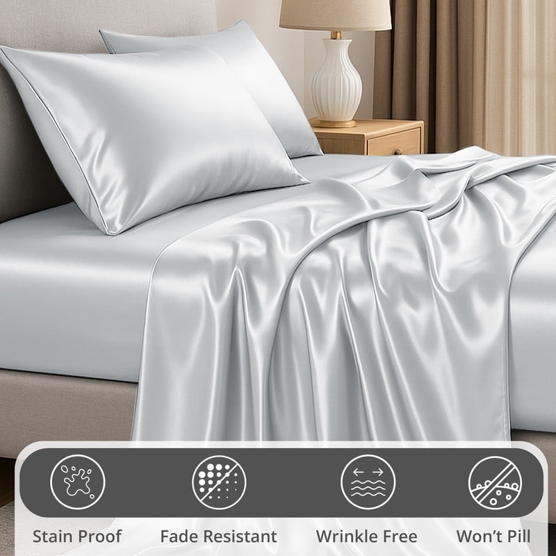 Wrinkle-Resistant Lux Decor Luxury Satin Sheets King Size - 4 Piece Cooling Bed Sheet Set, Silky Soft & Smooth, Deep Pockets up to 15",... - Cooling Hotel Quality Bedding Sheets and Pillowcases Detail