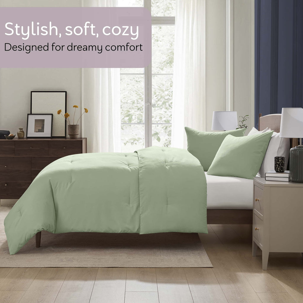 Luxurious Quilted Comforter Sets, All Season Lightweight Solid Queen Comforter Set, 3-Pc Bedding Sets, Sage Green - All-Season Down Alternative Comforter Insert Detail