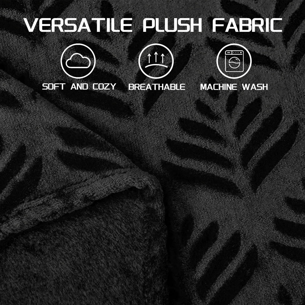 Reversible Sherpa Fleece Throw Blanket for Couch, Leaves Pattern Super Soft and Cozy Blankets, Plush Fuzzy Lightweight, Black, 50"x60" - Lightweight Plush Warm Blanket for All Seasons Detail