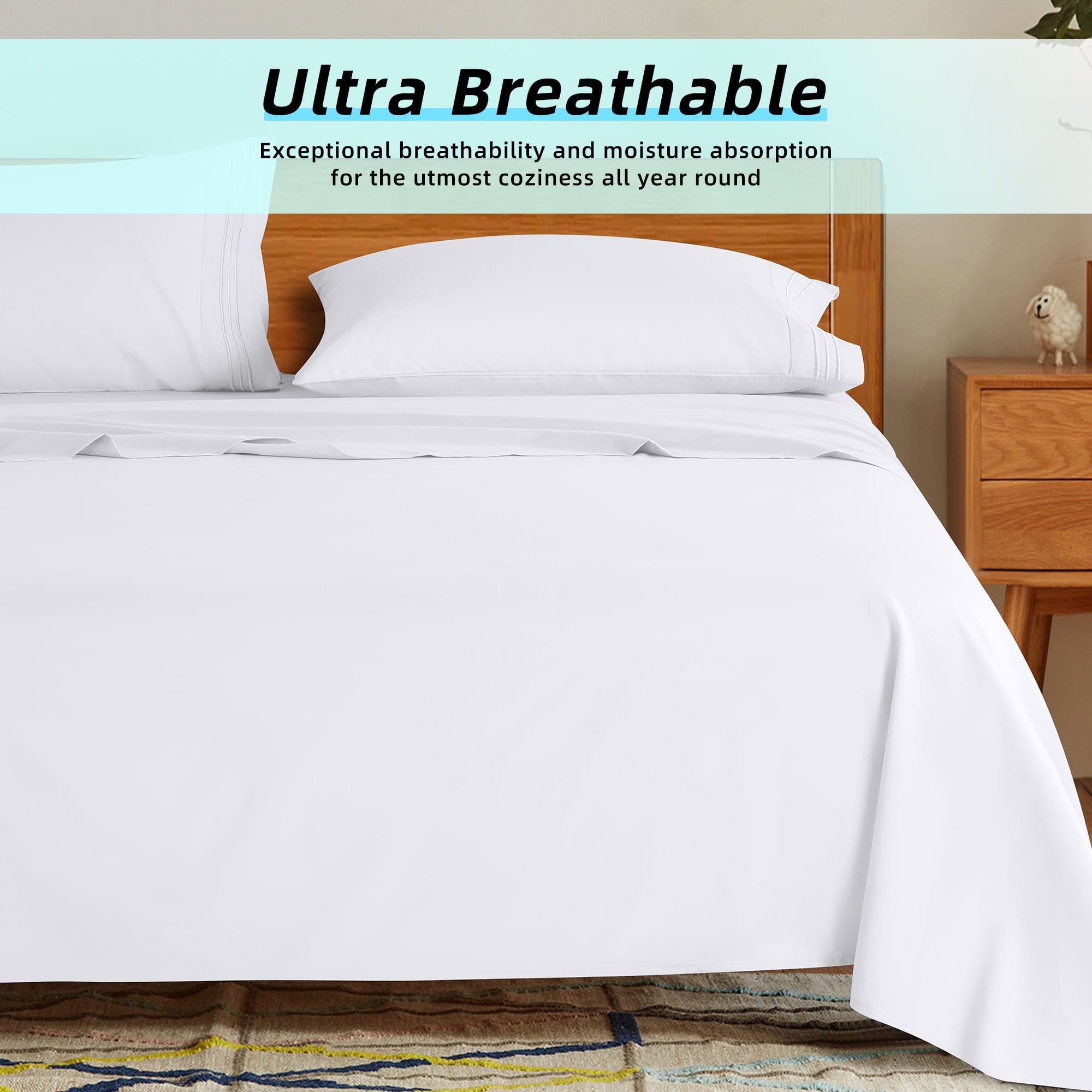 Premium Egyptian Cotton Bed Sheets Set, Microfiber Deep Pocket 4 Pieces Luxury Soft Sheet Set, Queen, White - Breathable Egyptian Cotton Flat & Fitted Sheets Detail