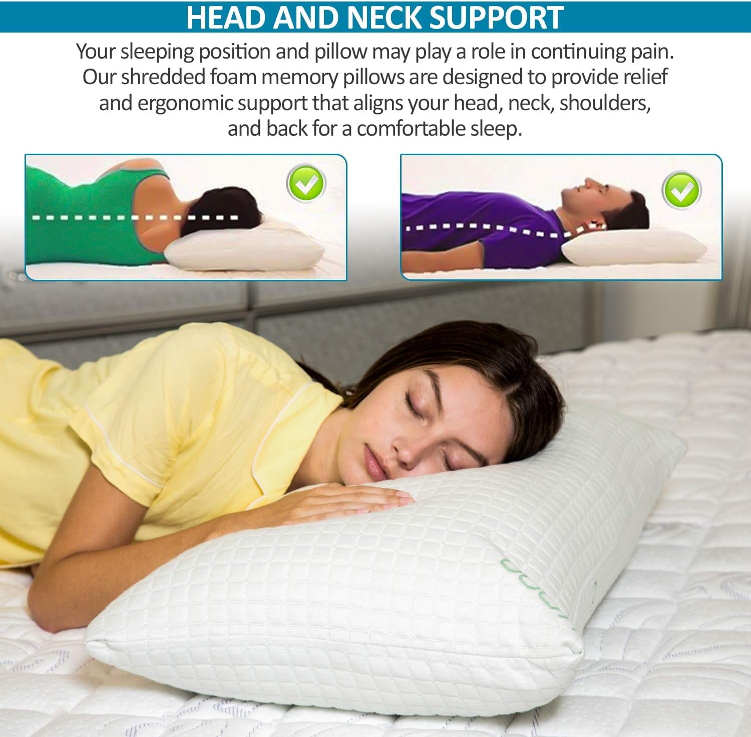 Orthopedic Support Queen Size Bamboo Pillow, Memory Foam Bed Pillows with Washable Pillowcases, Queen - Ergonomic Memory Foam Pillow for Neck Pain Support Detail