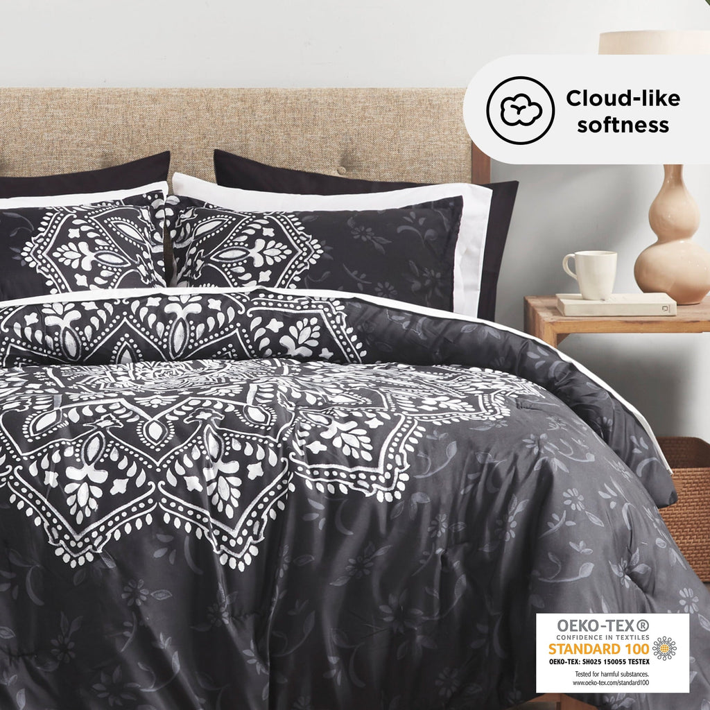 Luxurious Quilted Queen Comforter Set, Bedding Comforter Set Queen Size W/ Side Pockets, Black, 9 Pieces - Hypoallergenic Ultra-Fluffy Quilt for Winter Detail
