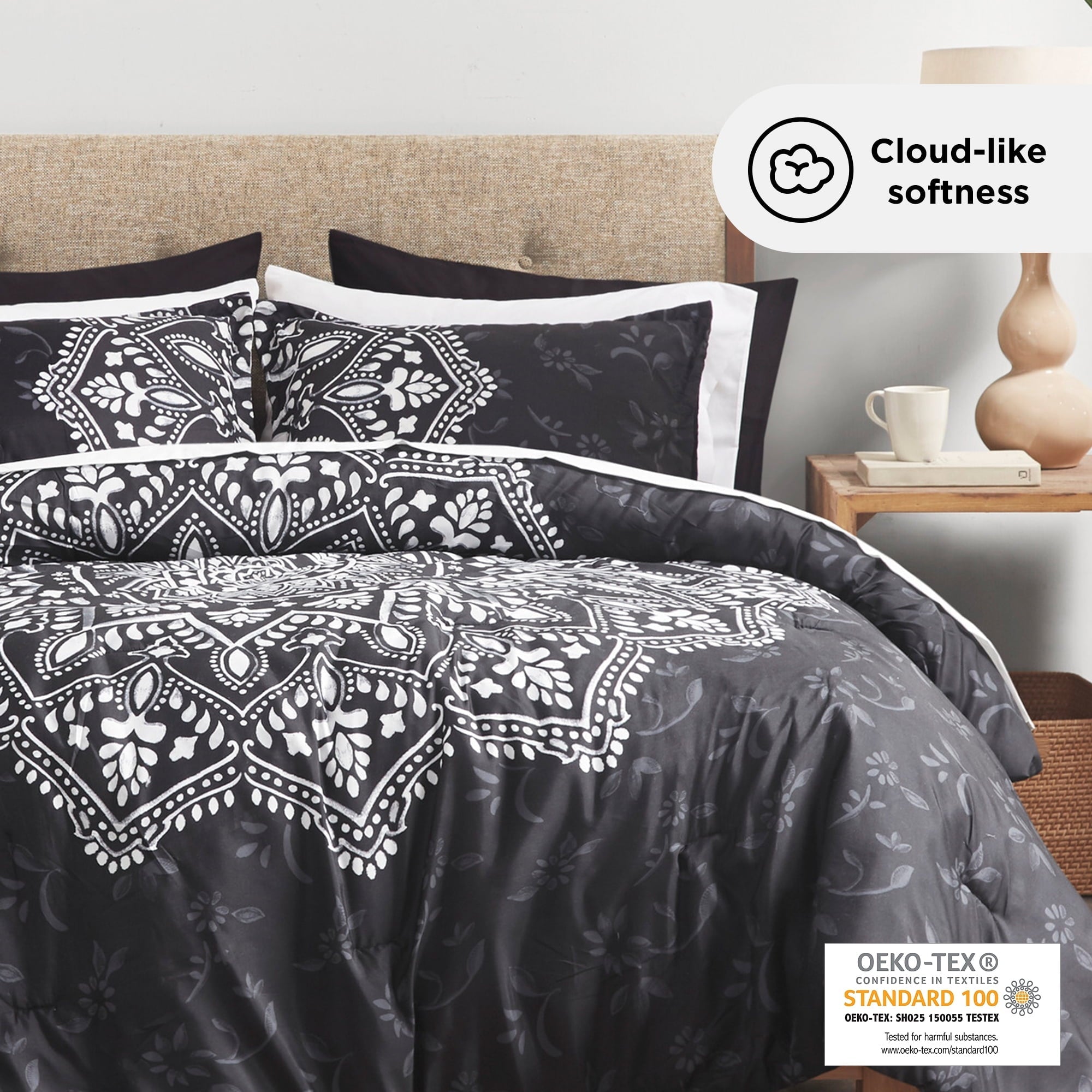 Luxurious Quilted Queen Comforter Set, Bedding Comforter Set Queen Size W/ Side Pockets, Black, 9 Pieces - Hypoallergenic Ultra-Fluffy Quilt for Winter Detail