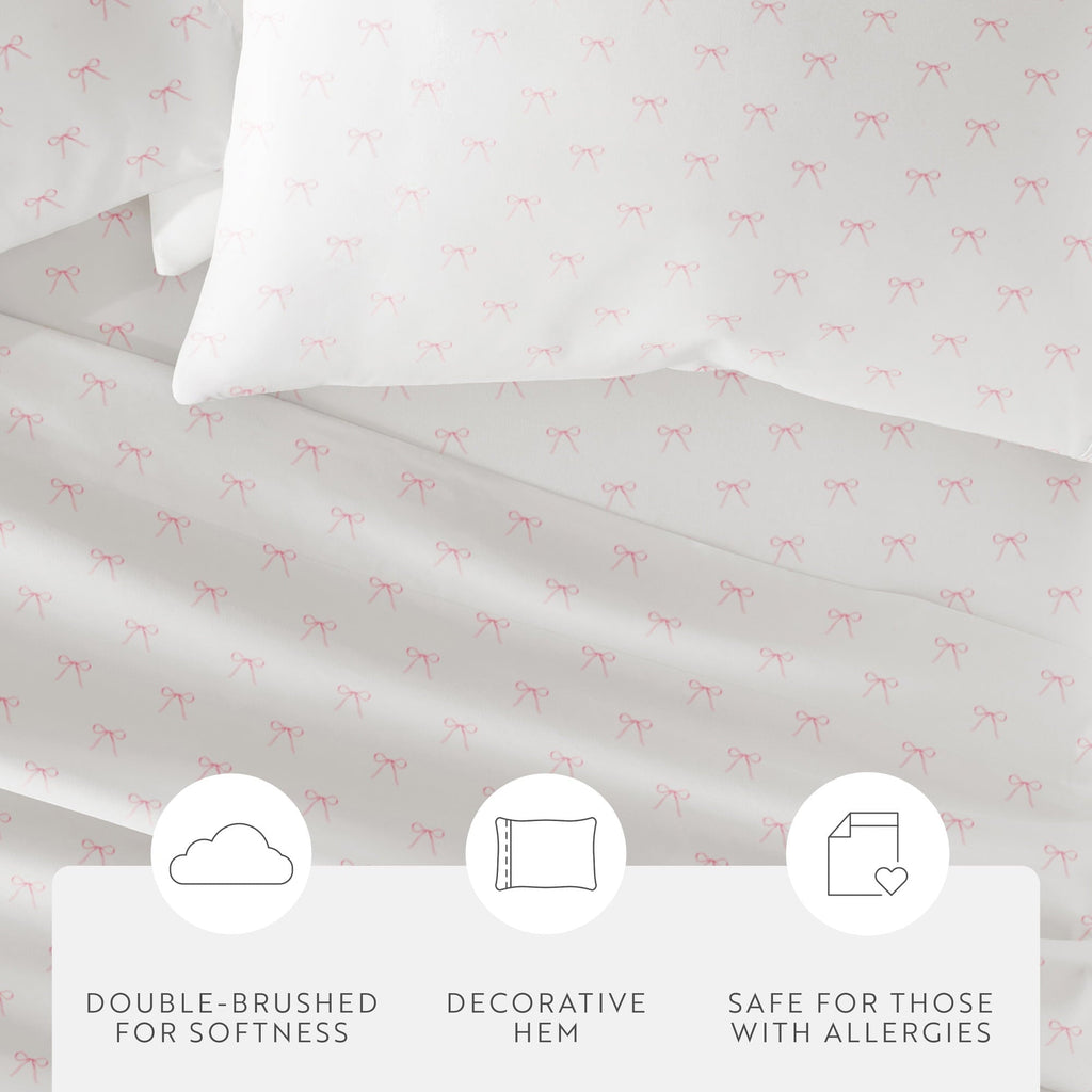 Breathable Luxury 3 Piece Ditsy Pattern Microfiber Bed Sheets, Pink Bows, Twin-XL - Breathable Egyptian Cotton Flat & Fitted Sheets Detail