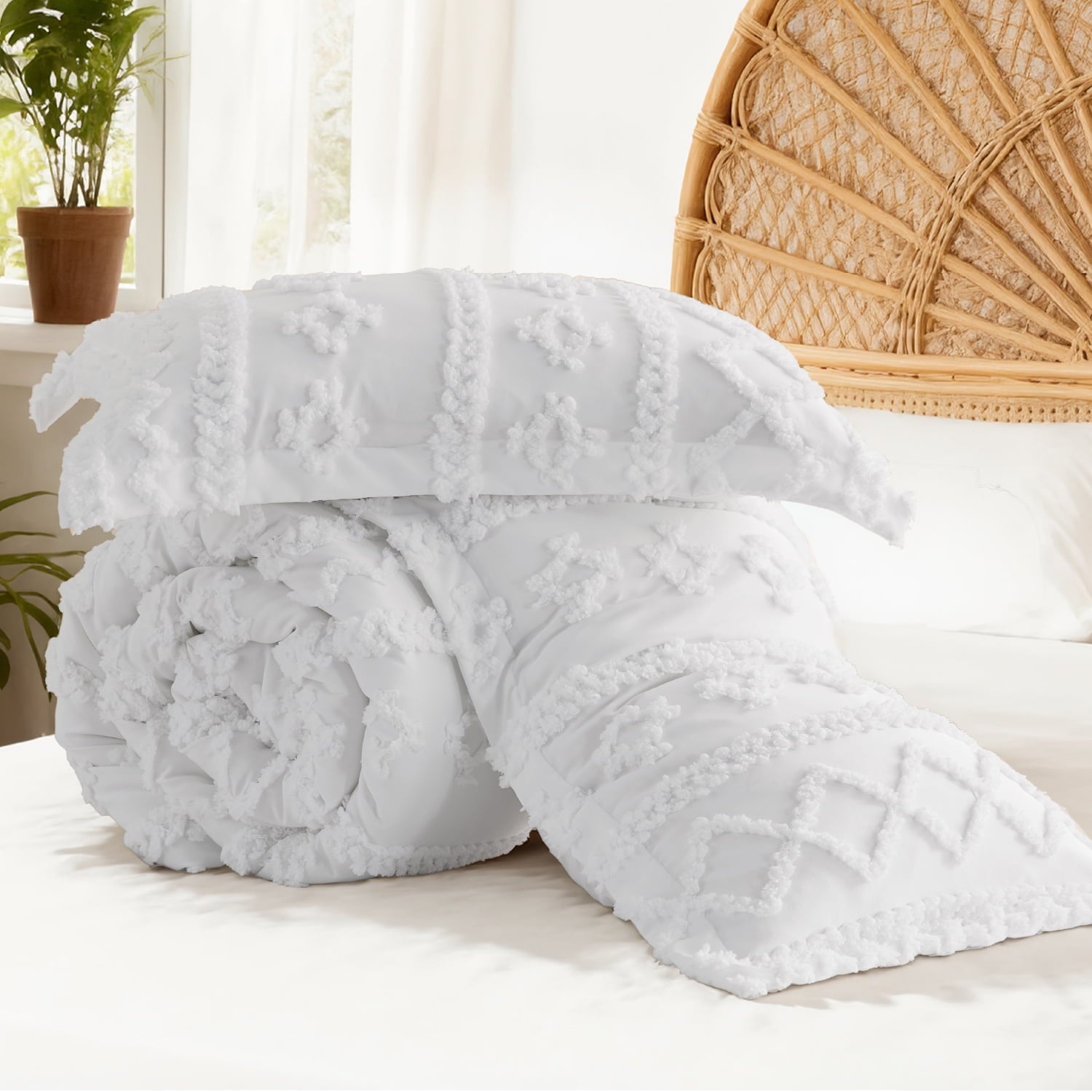 Fluffy Down Alternative Tufted Boho Comforter Set, 2 Pieces Farmhouse Shabby Chic Embroidery Bed Set, Soft Jacquard Comforter for All Seasons... - Luxurious Quilted Duvet Cover Set Detail