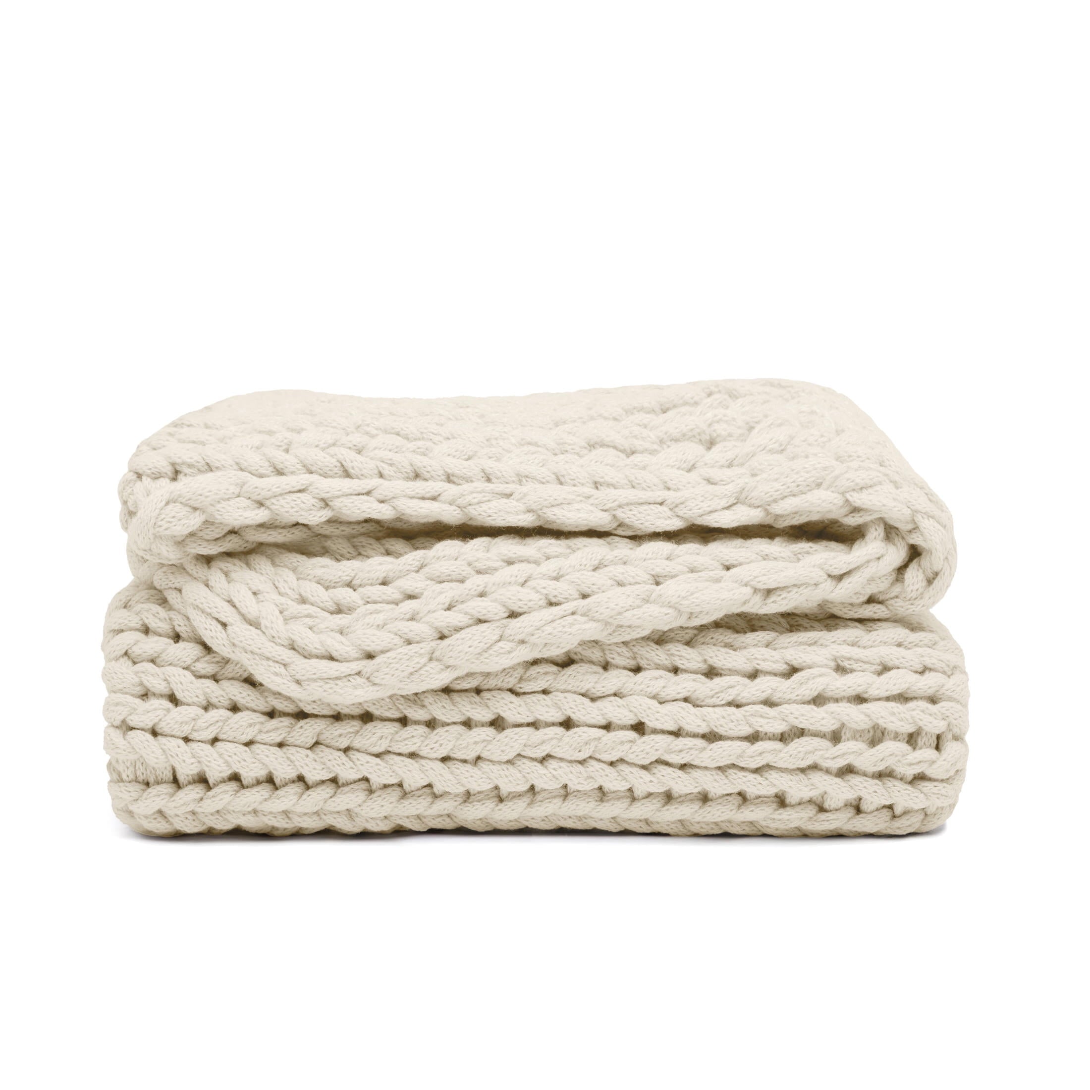 Decorative Knitted Soft & Cozy Chunky Hand-Knit Throw Blanket, Ivory - Luxury Knitted Decorative Throw Blanket with Fringes Detail