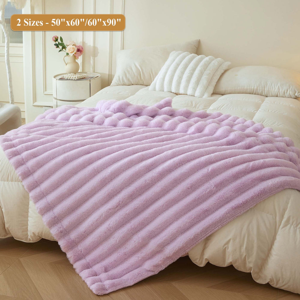 Super Soft Flannel Fluffy Faux Rabbit Fur Throw, Cozy Wide Stripe Plush Fuzzy Blanket for Bed Couch Sofa Chair, Light Purple Shaggy Thro... - Lightweight Plush Warm Blanket for All Seasons Detail