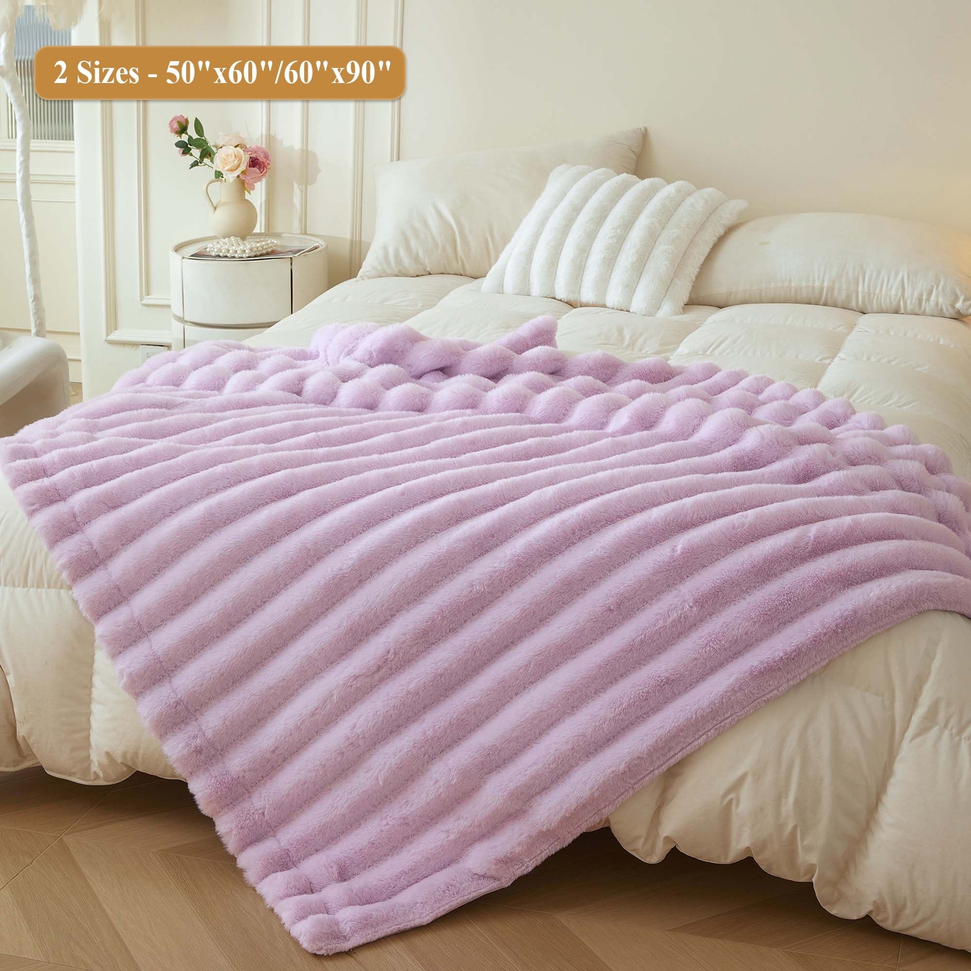Super Soft Flannel Fluffy Faux Rabbit Fur Throw, Cozy Wide Stripe Plush Fuzzy Blanket for Bed Couch Sofa Chair, Light Purple Shaggy Thro... - Lightweight Plush Warm Blanket for All Seasons Detail