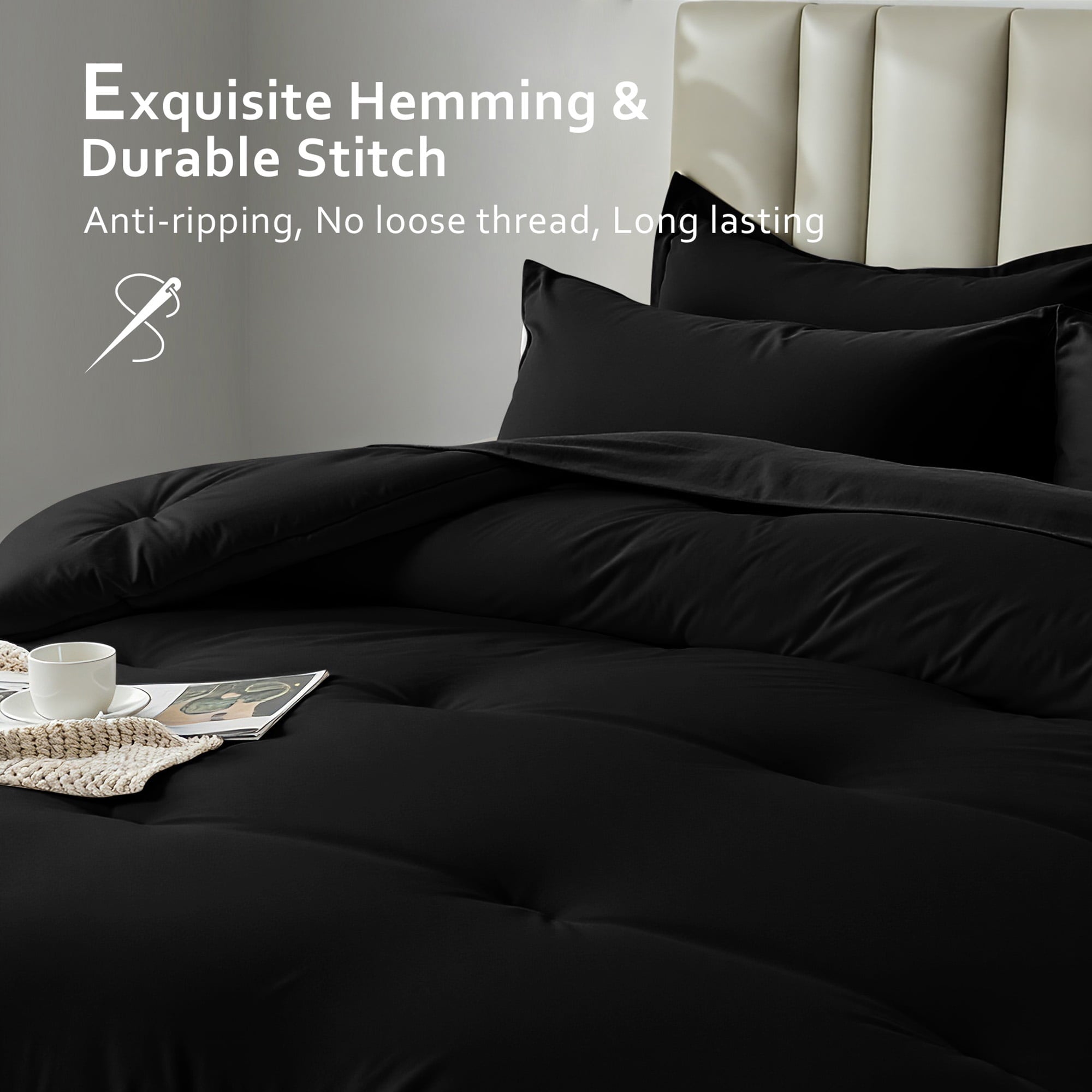 All-Season 5-Piece Bed in Bag - Twin Size Comforter Sets, Pillowcases & Sheet Collection for Cozy Bedding Sets Black - Cloud-Like Soft Lightweight Bed Comforter Detail