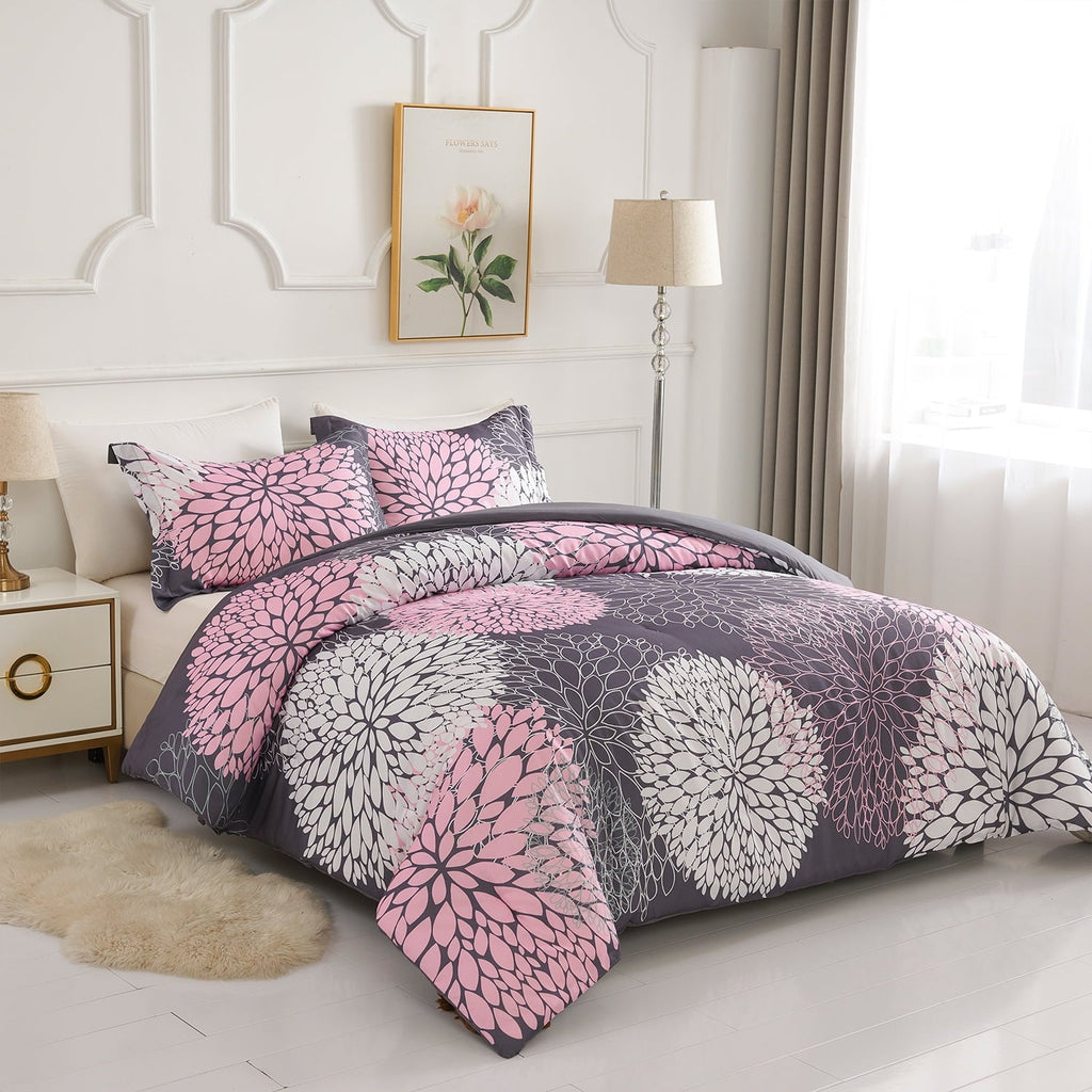 Hypoallergenic Cloud 2 Pieces Pink Floral Comforter Set Twin Size, Botanical Bedding Sets with Cute Flowers Printing for Teen Girls - Luxurious Quilted Duvet Cover Set Detail