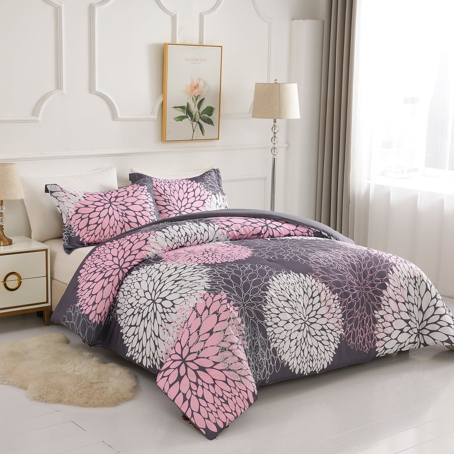 Hypoallergenic Cloud 2 Pieces Pink Floral Comforter Set Twin Size, Botanical Bedding Sets with Cute Flowers Printing for Teen Girls - Luxurious Quilted Duvet Cover Set Detail
