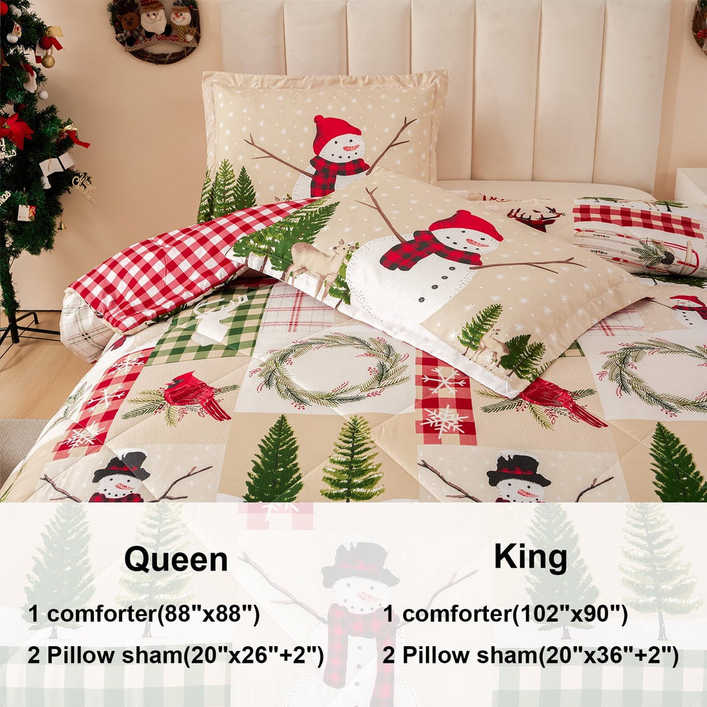 Fluffy Down Alternative 3 Pcs Christmas Comforter Set, Bed in a Bag Wreath Snowman Queen/Full Size Xmas Bedding Set Fitted Pillowcases for Adult - All-Season Down Alternative Comforter Insert Detail