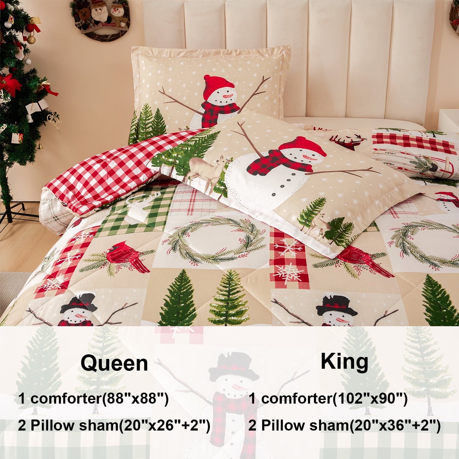 Fluffy Down Alternative 3 Pcs Christmas Comforter Set, Bed in a Bag Wreath Snowman Queen/Full Size Xmas Bedding Set Fitted Pillowcases for Adult - All-Season Down Alternative Comforter Insert Detail