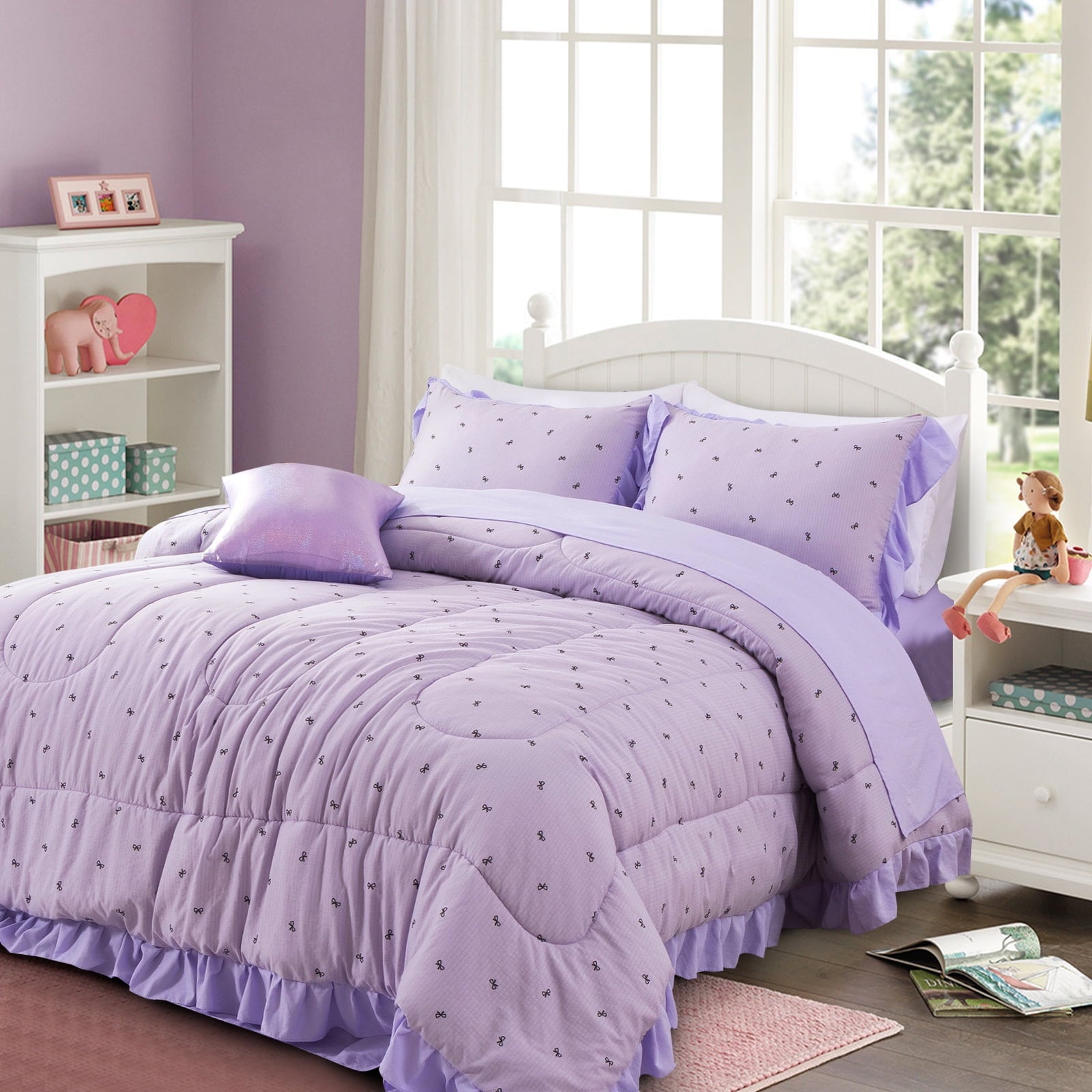 All-Season 6 Piece Delicate Bows Purple Bedding Set Ruffle Princess Style Comforter Set Bed in a Bag - Hypoallergenic Ultra-Fluffy Quilt for Winter Detail