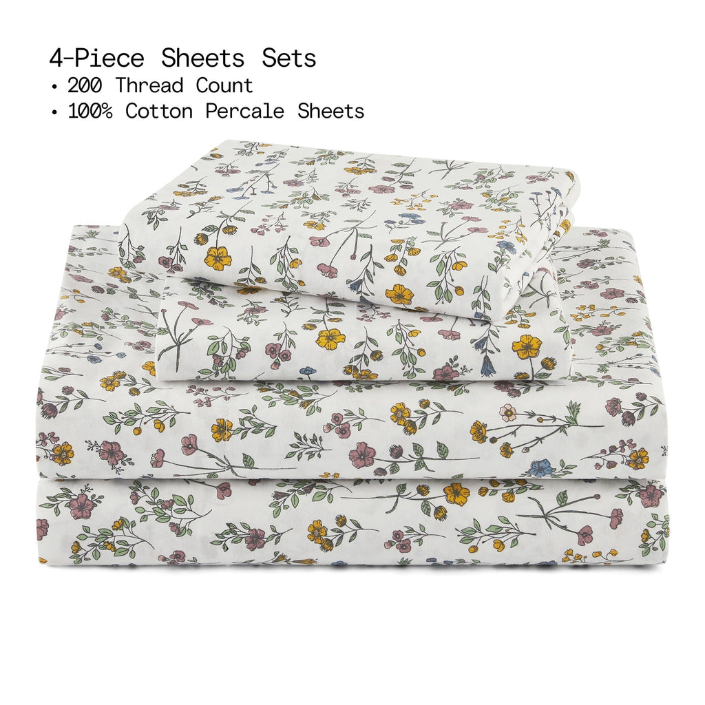 Breathable Luxury Botanical 4-Piece 100% Cotton Washed Percale White Sheet Set, Queen - Cooling Hotel Quality Bedding Sheets and Pillowcases Detail