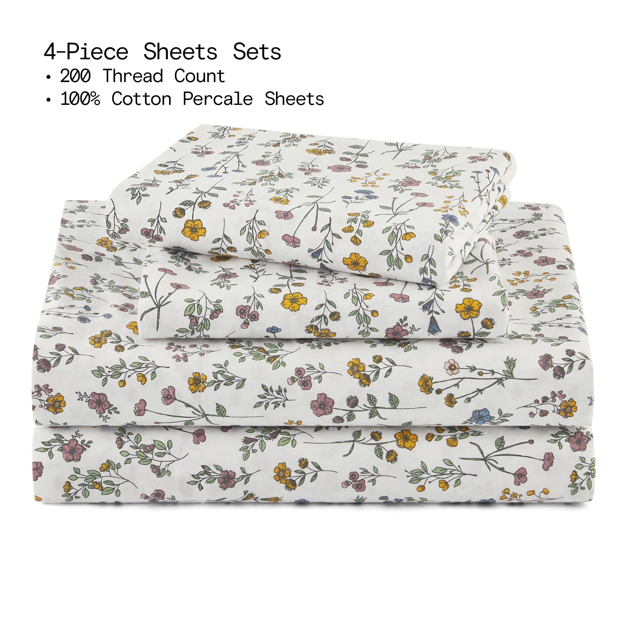 Breathable Luxury Botanical 4-Piece 100% Cotton Washed Percale White Sheet Set, Queen - Cooling Hotel Quality Bedding Sheets and Pillowcases Detail
