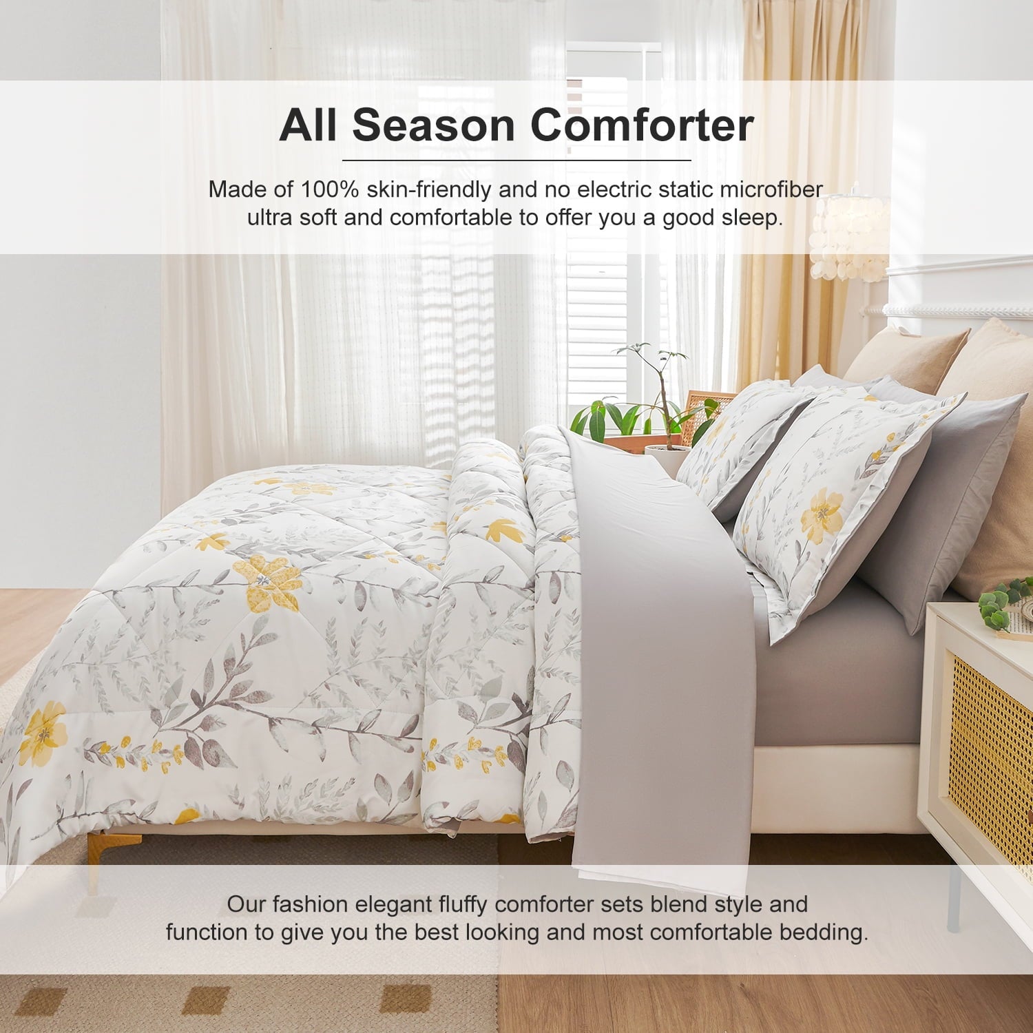 Luxurious Quilted 3 Piece Comforter Set Queen Yellow Floral Quilt Microfiber Patchwork Bedspread - Hypoallergenic Ultra-Fluffy Quilt for Winter Detail
