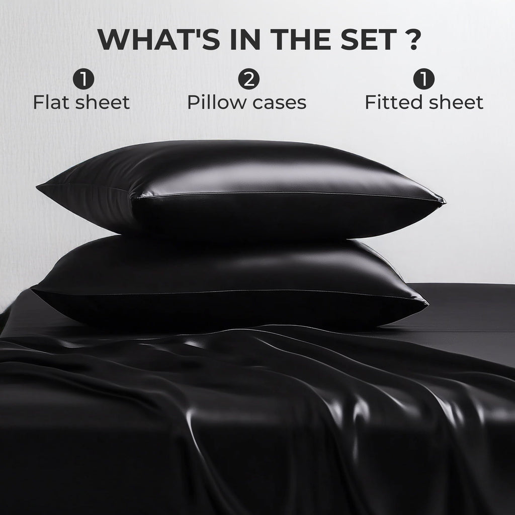 Cooling Sateen Queen Silk Black Bed Sheet Set,4 Pieces 1800 Microfiber 2 Pillowcase 20"x30" - Luxury Bed Sheet Set with Deep Pockets Detail