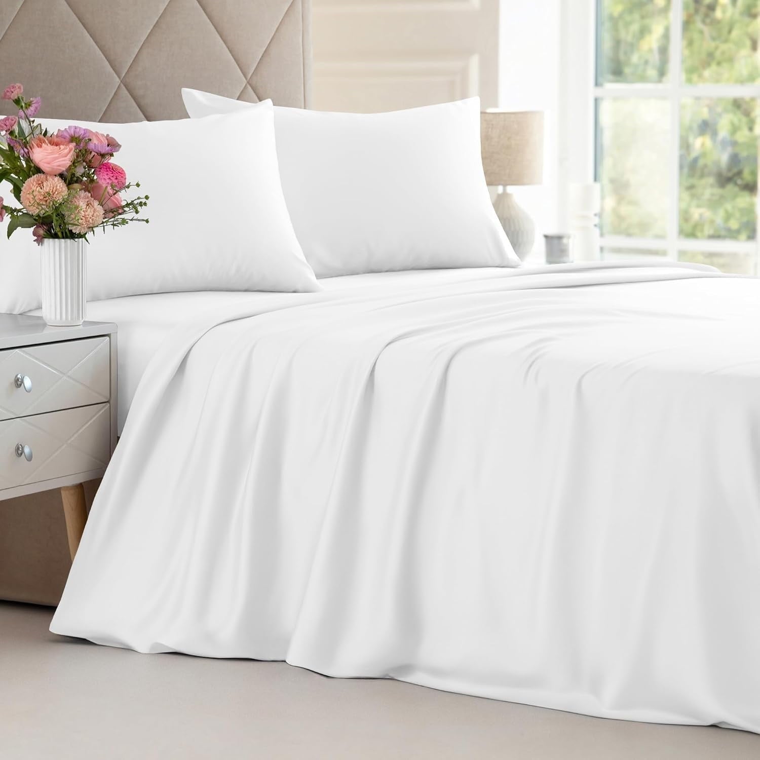 Wrinkle-Resistant 4-Piece Luxury Bamboo Cooling Sheet Set - Queen Size 100% Bamboo Derived Rayon Premium Bed Sheets, White - Cooling Hotel Quality Bedding Sheets and Pillowcases - Default Title