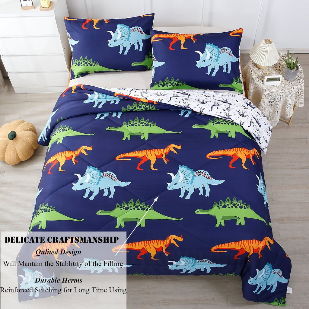 Heavyweight Warmth 3 Pcs Dinosaur Twin Size Bedding Sets for Boys, Dinosaur Printing Boys Comforter Set, Blue and White Reversible Bed C... - Hypoallergenic Ultra-Fluffy Quilt for Winter Detail